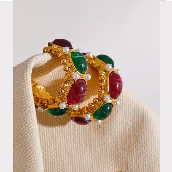 Anthropologie Jewelry - Gemstone Hoop Earrings PVD Gold Plated Stainless Steel with Pearls Natur…